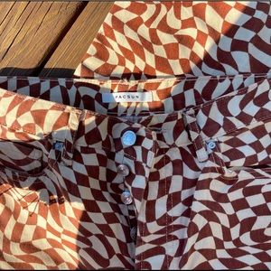 Brown wavy checkered pattern tan and brown denim jeans